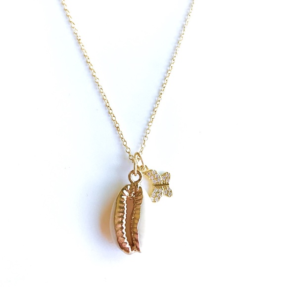Dainty 16” Cowrie Shell + Butterfly Charm Necklace - Picture 1 of 2